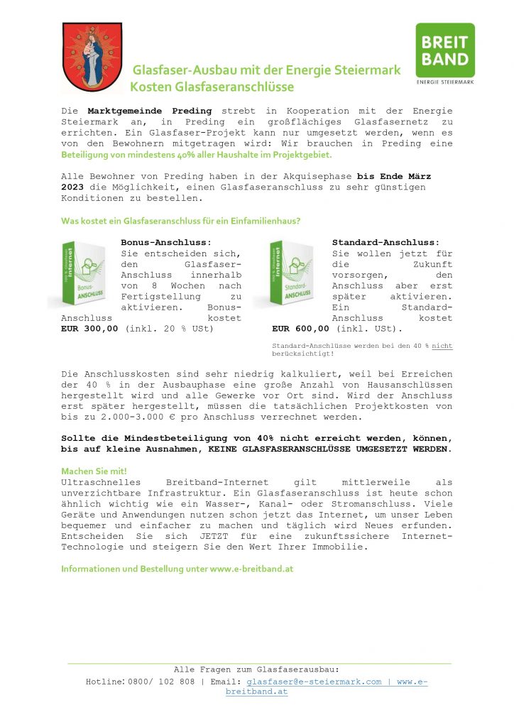 Anmeldung zum Glasfaserausbau mit der Energie Steiermark - weitere Fragen an gde@preding.eu